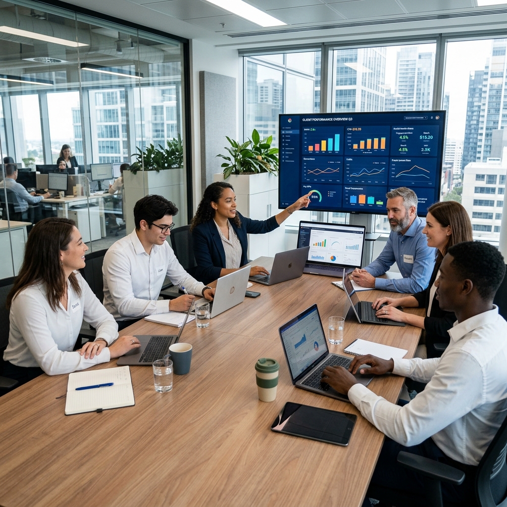 Digital marketing team strategy session with analytics on screens